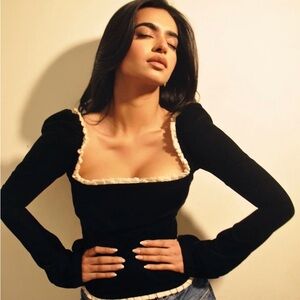 Black Velvet Long Sleeve Corset Top with Cream Trim | Size: XS | Brand New